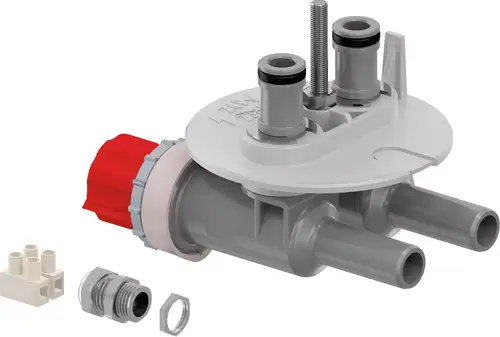 Konischer grauer Adapterstecker mit rotem Handgriff und zwei Auslässen, Zubehörteile daneben, ausgeführt von der Marke Uponor.