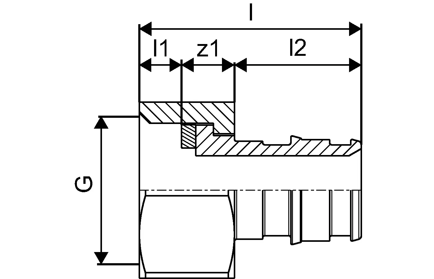 Verschraubung mit flachdichtendem Design und seitlichen Abmessungen. Produkt von Uponor, geeignet für PL-Anwendungen.