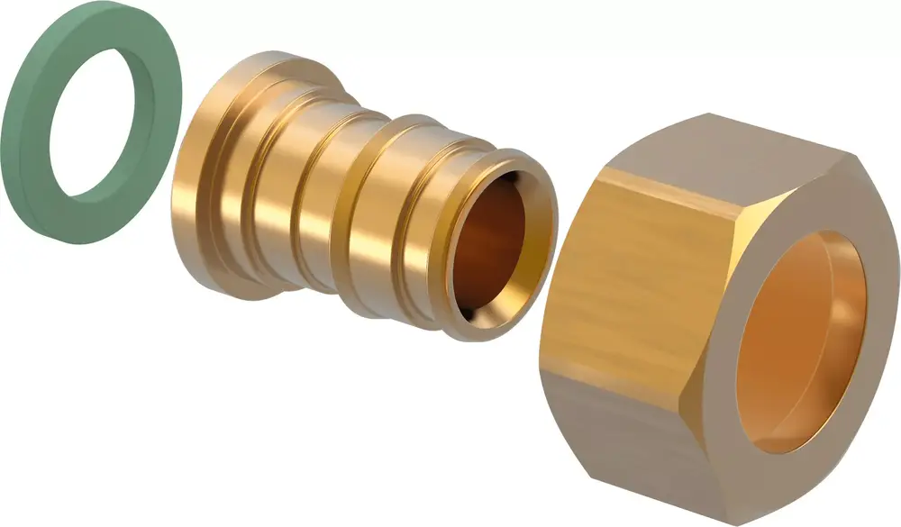Verschraubungsteil von Uponor, bestehend aus einem mittleren Element und einer Mutter, sowie einer Dichtung in grün. Das Teil ist zur flachdichtenden Verbindung geeignet.