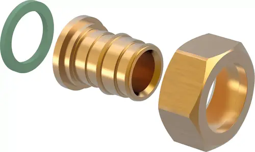 Verschraubung aus Metall mit Dichtungselement und hexagonalem Anschluss, zur Verwendung in Rohrleitungssystemen, hergestellt von Uponor.