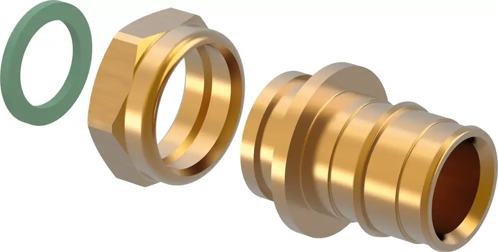 Kupferne Verschraubung mit Dichtungsring, gefertigt von Uponor. Zeigt eine runde, conische Form mit einem hexagonalen Kopf zur Fixierung. Ideal für flachdichtende Verbindungen.