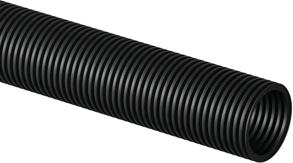 Schwarzes Schutzrohr mit einer gerillten Oberfläche. Das Rohr ist lang und hat einen durchgehenden Hohlraum, ideal für Anwendungen von Uponor.