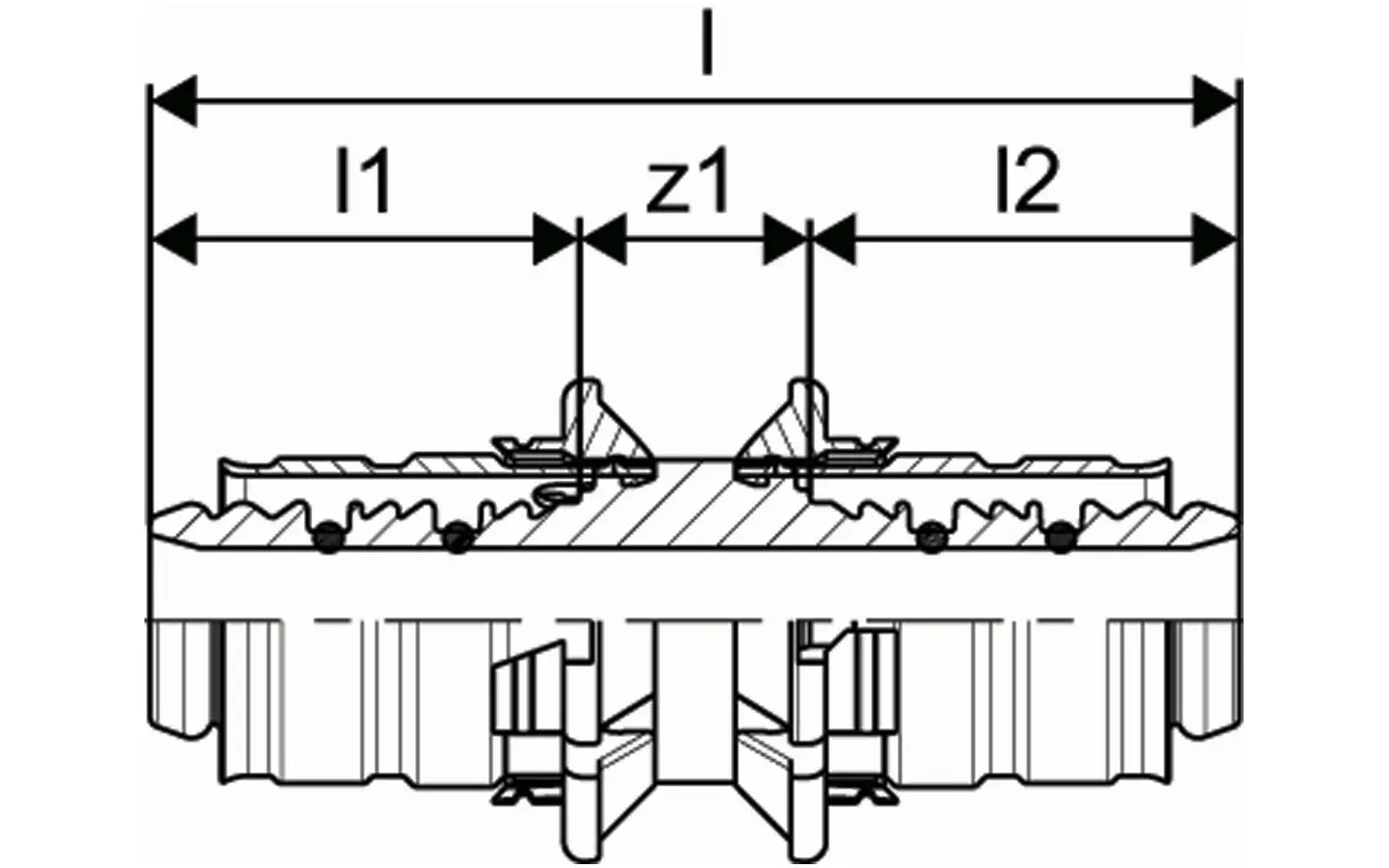 Schematische Darstellung einer Kupplung von Uponor, mit zwei Anschlussbereichen und deutlich gekennzeichneten Maßen zur Verbindung von Rohrleitungen.