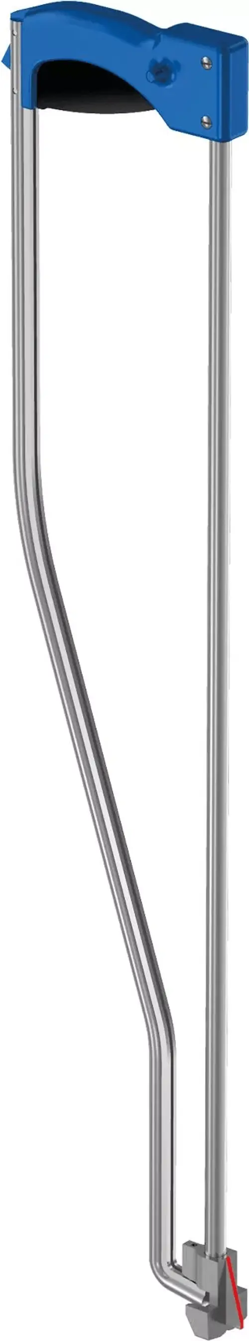 Kunststoff-Oberteil in Blau mit zwei Edelstahlrohren, die an einer Halterung enden. Produkt von Uponor für Rohrverbindungen oder ähnliche Anwendungen.