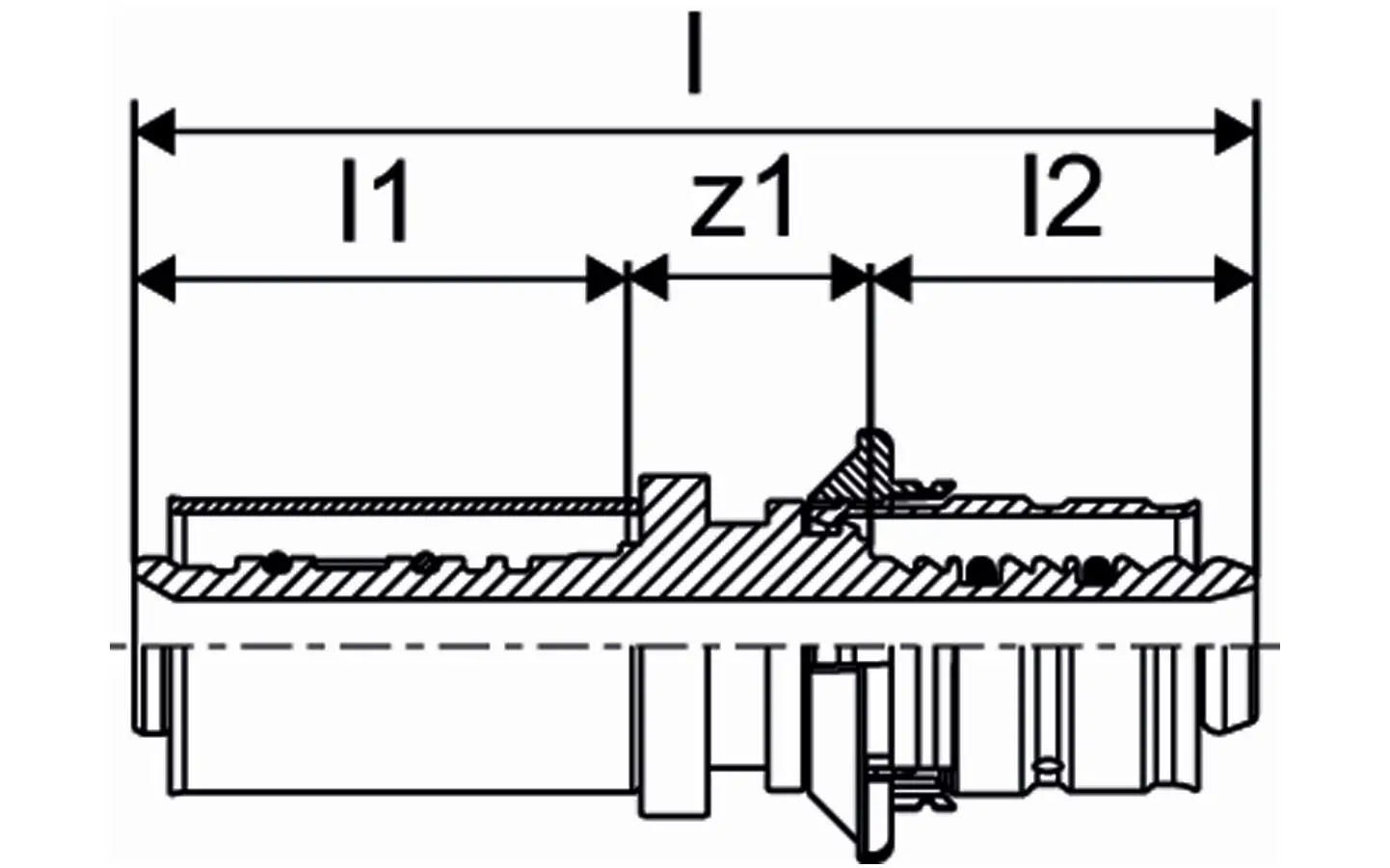 Schematische Darstellung einer Übergangskupplung von Uponor, seitliche Ansicht mit maßlichen Angaben und Schnittansicht zur Veranschaulichung der Konstruktion.