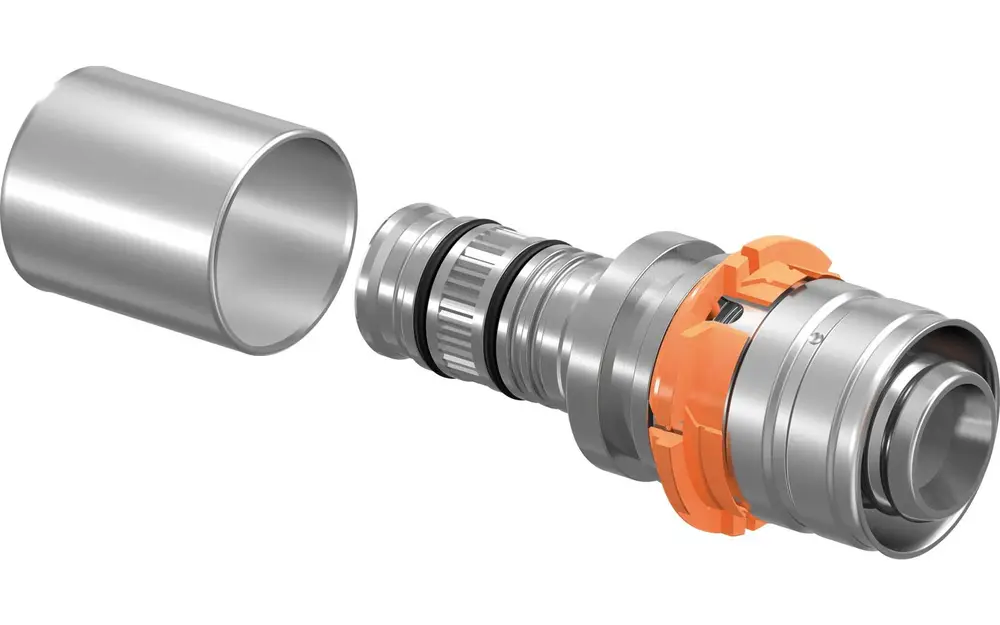 Detailansicht einer S-Press Übergangskupplung von Uponor, bestehend aus Metallteilen und einer orangefarbenen Sicherungsklipse zur Verbindung von Rohrleitungen.