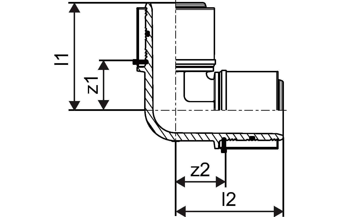 Verbundwinkel aus PPSU, sorgen für eine Verbindung in Rohrsystemen. Produkt von Uponor, zeigt eine Schnittzeichnung mit entsprechenden Maßen und Anwendungsdetails.