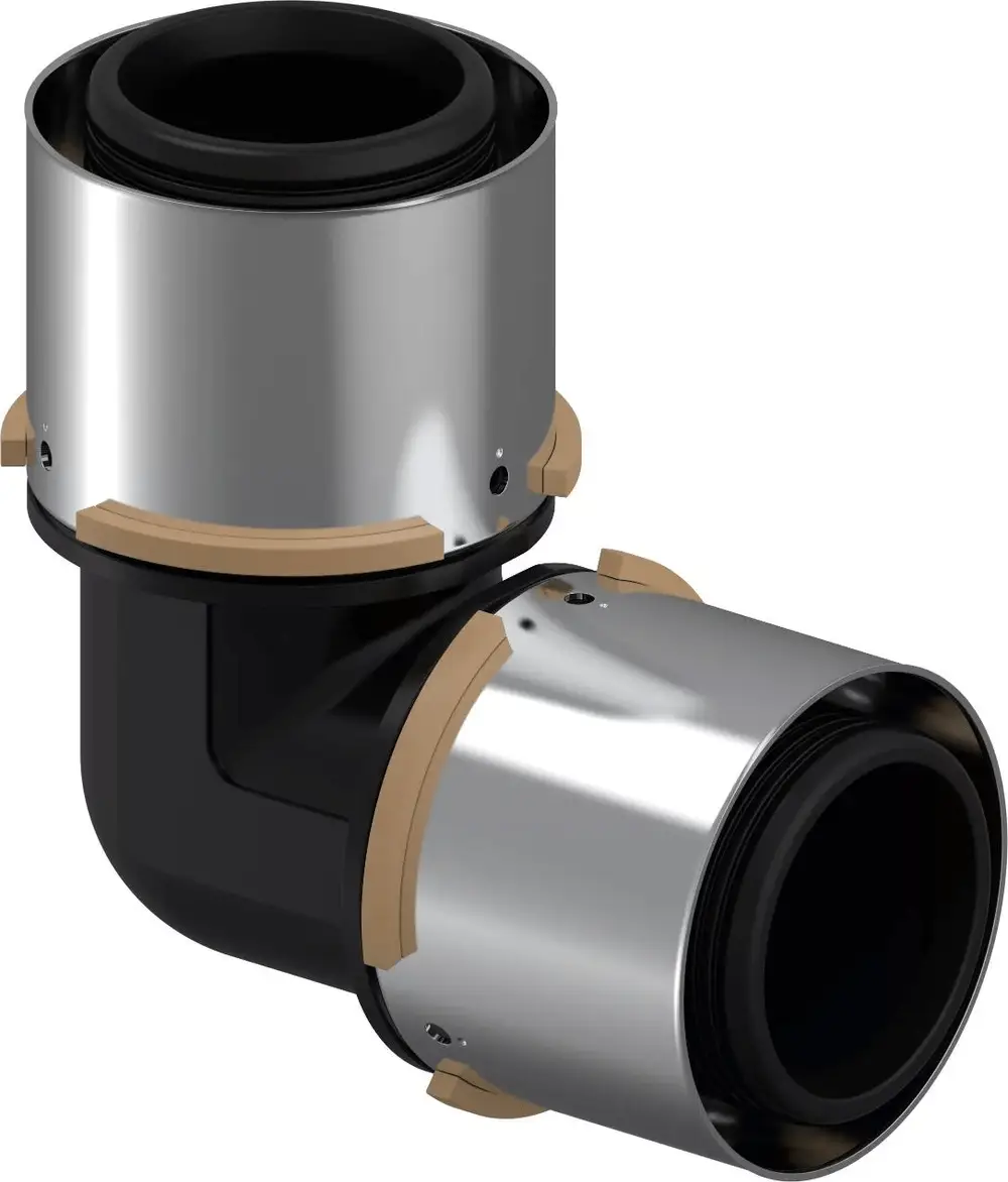 Kniestück aus schwarzem Kunststoff und metallischem Material, hergestellt von Uponor, zur Verbindung von Rohren in Sanitärinstallationen.
