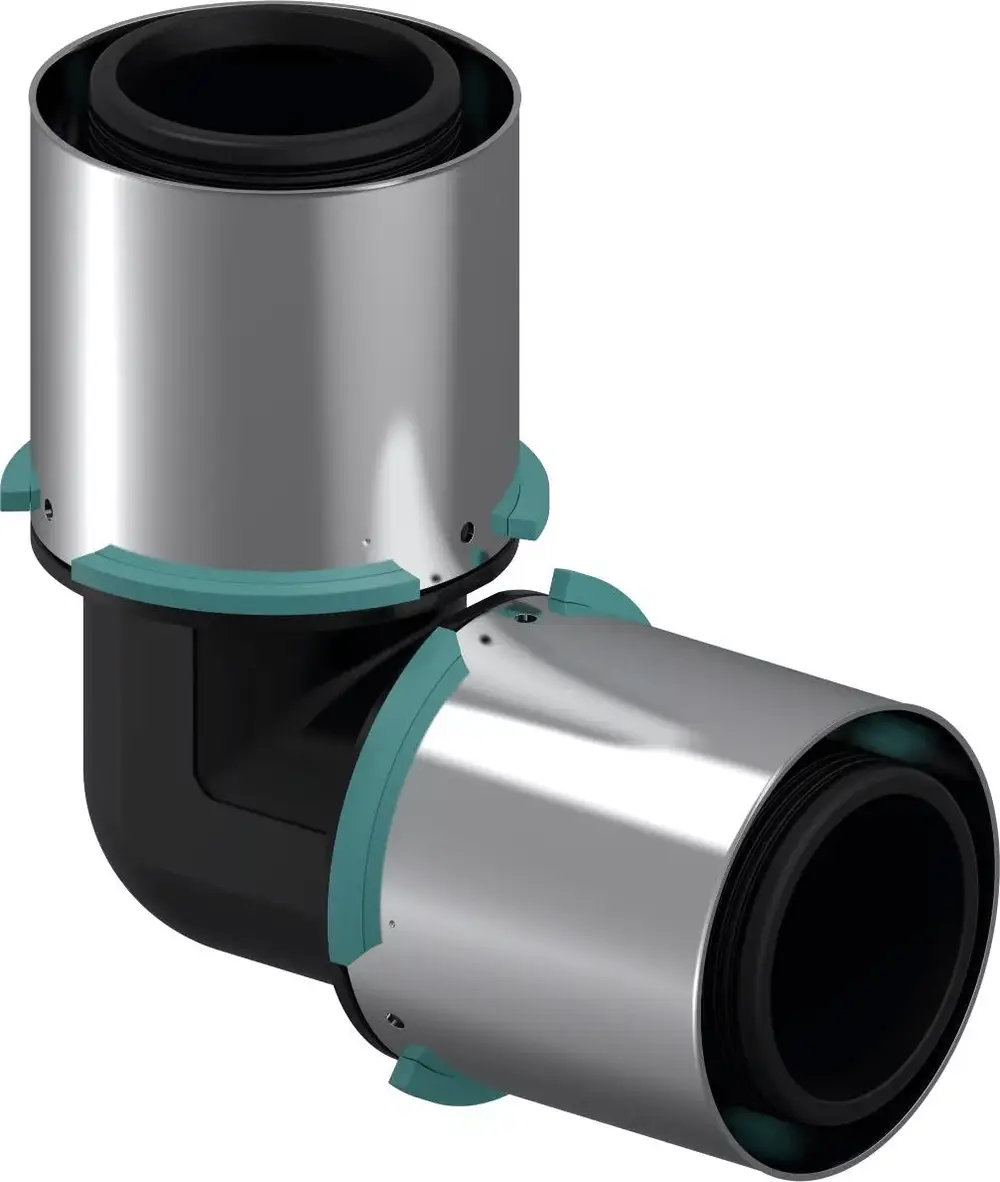 Verbundwinkel aus PPSU mit zwei Anschlussöffnungen, charakterisiert durch ein schwarzes Element und silberne Metallteile. Produkt von Uponor für Rohrverbindungen.