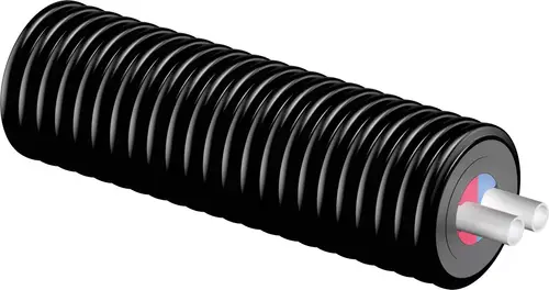 Schwarzes, geriffelt geformtes Rohr mit zwei weißen Rohren an einem Ende. Produkt von Uponor, geeignet für flexible Anwendungen in der Installationstechnik.