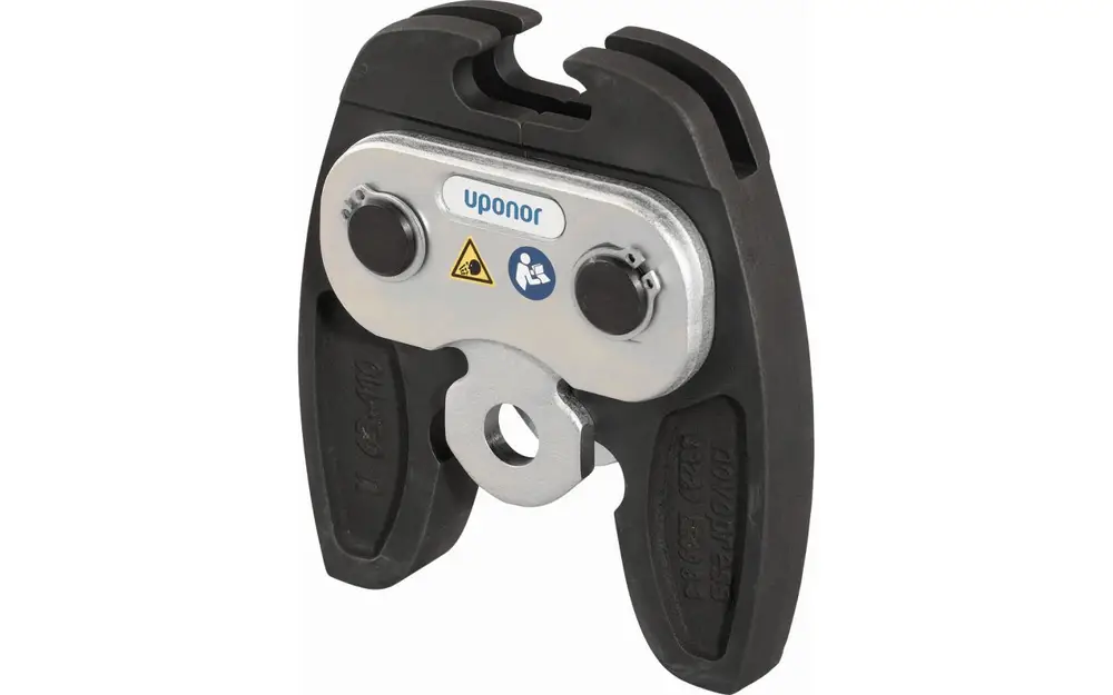 Presswerkzeug von Uponor mit zwei Druckknöpfen und einer metallischen Basis, geeignet für Verbindungsanwendungen. Klar strukturiert mit gummierten Griffen.