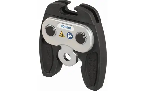Presswerkzeug von Uponor mit zwei Druckknöpfen und einer metallischen Basis, geeignet für Verbindungsanwendungen. Klar strukturiert mit gummierten Griffen.