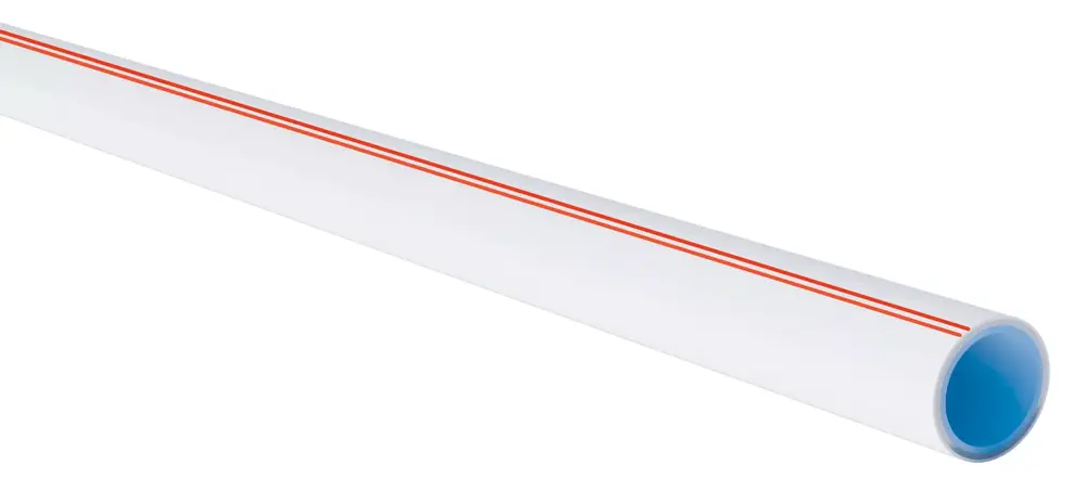 Weißes Rohr mit rotem Streifen, hergestellt von Uponor, präsentiert sich in einer geraden Form mit speziellem innerem Durchmesser. Es hat eine glatte Oberfläche und ist für Anwendungen in der Haustechnik gedacht.