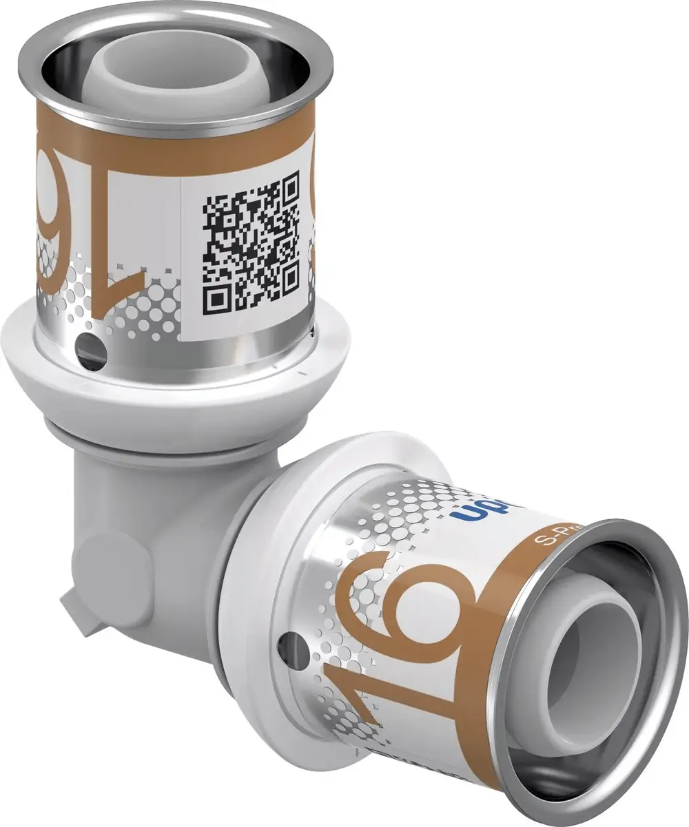 Zwei rotierende Verbindungselemente aus weißen und metallischen Materialien. Das Produkt ist von Uponor und zeigt einen QR-Code auf einer der Seiten.
