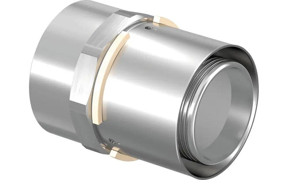 Metallische Übergangsmuffe mit glatter Oberfläche und Gewinde, geeignet für Rohrverbindungen. Produkt von Uponor zur Verwendung in Heizungs- und Sanitärinstallationen.