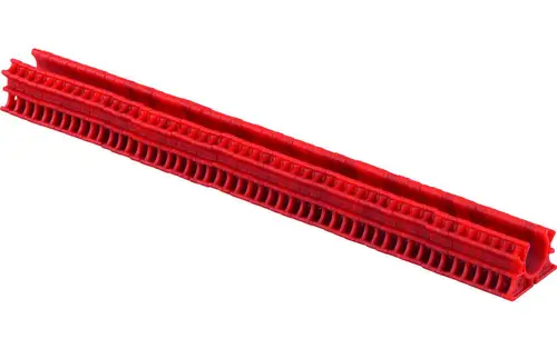 Rohrhalter in roter Farbe, mit strukturiertem Design. Geeignet für die Verwendung in Heizsystemen. Hersteller: Uponor.