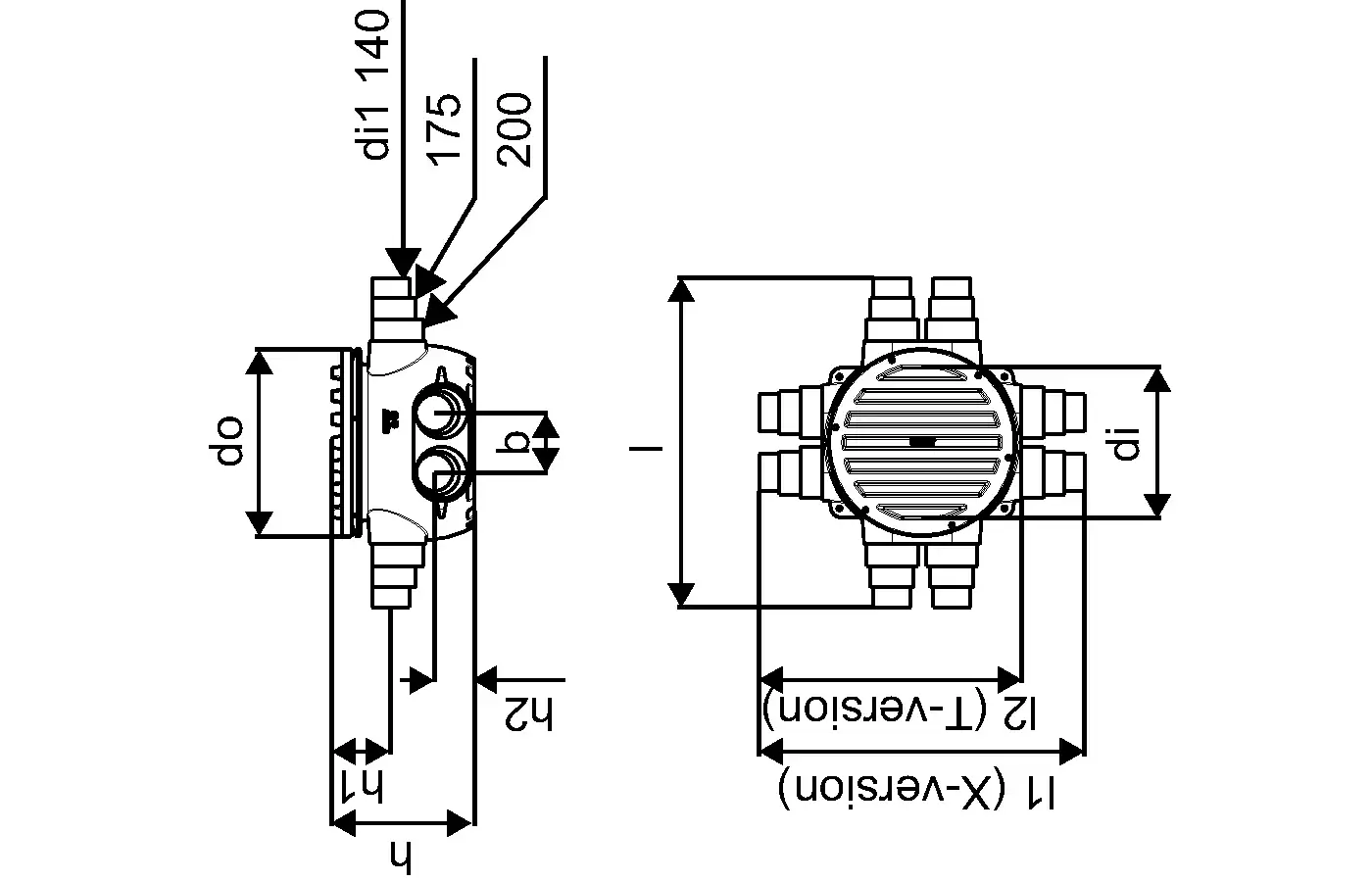 Schachtansicht mit zwei Anschlussöffnungen und mehreren befestigten Rohren. Technisches Zeichnungsdesign von Uponor, detaillierte Maße zur Installation erkennbar.
