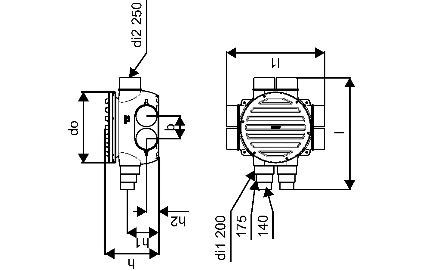 Technisches Diagramm eines Produkts von Uponor, dargestellt mit Maßen und Ansichten von einem Schacht mit zwei Verbindungen und spezifischen Durchmessern.