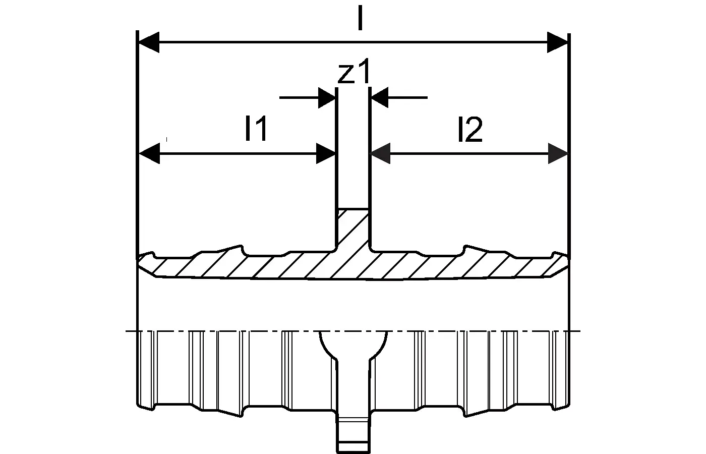 Q&E Kupplung von Uponor mit zwei Anschlüssen, dargestellt in Querschnittsansicht, zeigt interne Maße und Struktur ohne spezifische Maße oder Produktbezeichnung.