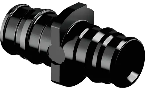 Q&E Kupplung von Uponor, gefertigt aus einem Material mit glatter Oberfläche, zeigt eine nahtlose Verbindung mit gerillten Abschnitten für den sicheren Anschluss.