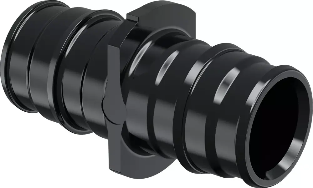 Schwarze Kupplung mit runden, gewellten Verbindungen und einem Feststellmechanismus. Geeignet für die Verwendung mit Uponor-Systemen zur zuverlässigen Verbindung von Rohren.