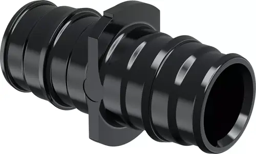 Schwarze Kupplung mit runden, gewellten Verbindungen und einem Feststellmechanismus. Geeignet für die Verwendung mit Uponor-Systemen zur zuverlässigen Verbindung von Rohren.