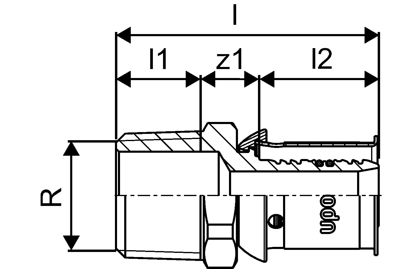 Übergangsnippel mit sichtbarer Schnittstelle, hergestellt von Uponor. Der Bauteil hat eine zylindrische Form und ist zur Verbindung verschiedener Systeme konzipiert.