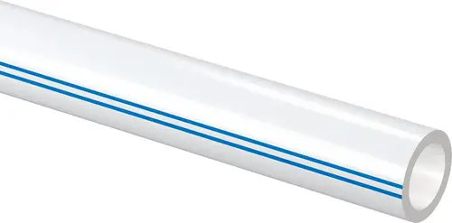 Weißes Rohr mit blauer Kennzeichnung, hergestellt von Uponor. Das Rohr hat einen glatten, runden Durchmesser und eine durchgehende geradlinige Form.