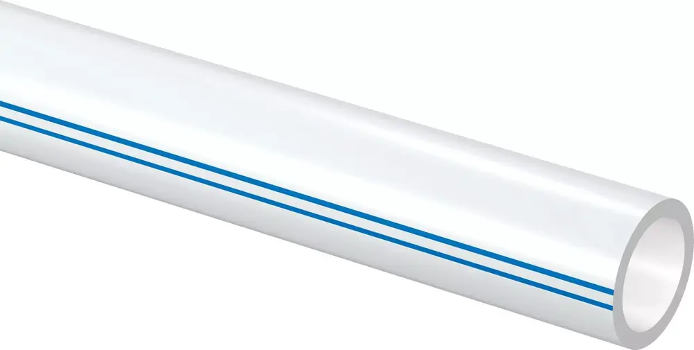 Weißes Rohr mit blauen Linien, hergestellt von Uponor, geeignet für verschiedene Installationen. Der Durchmesser und weitere Details sind nicht sichtbar.
