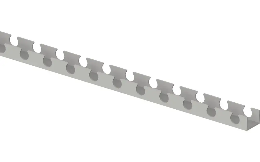 Fix Klemmschiene von Uponor mit mehreren Einkerbungen, ermöglicht eine sichere Befestigung von Rohren oder Leitungen. Lang und flach, aus stabilem Material.