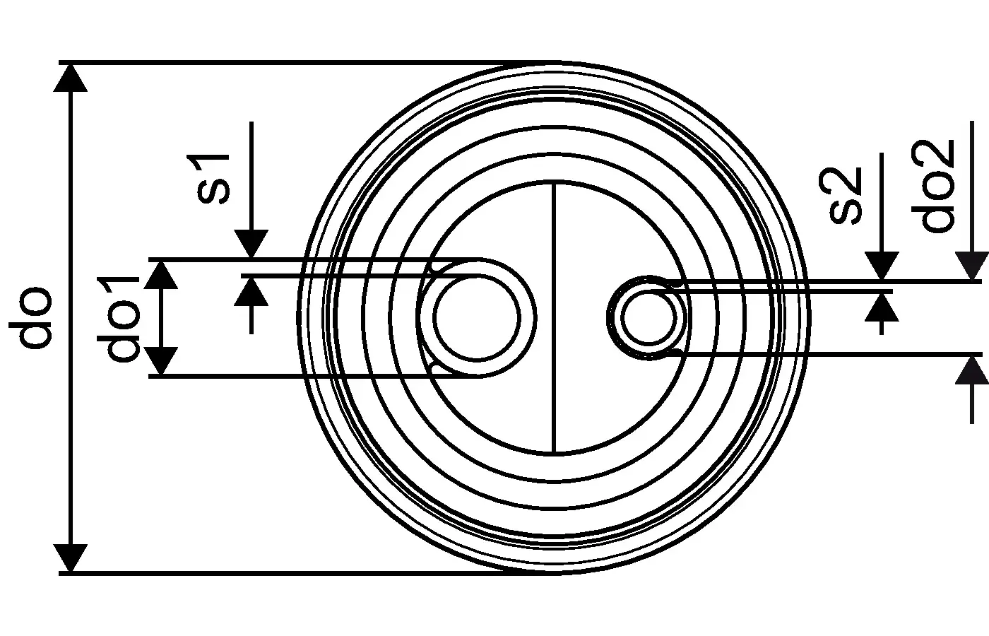 Diagramm eines runden Produkts mit mehreren Durchmessern und Abständen, möglicherweise ein Teil von Uponor-Systemen, zur technischen Spezifikation.