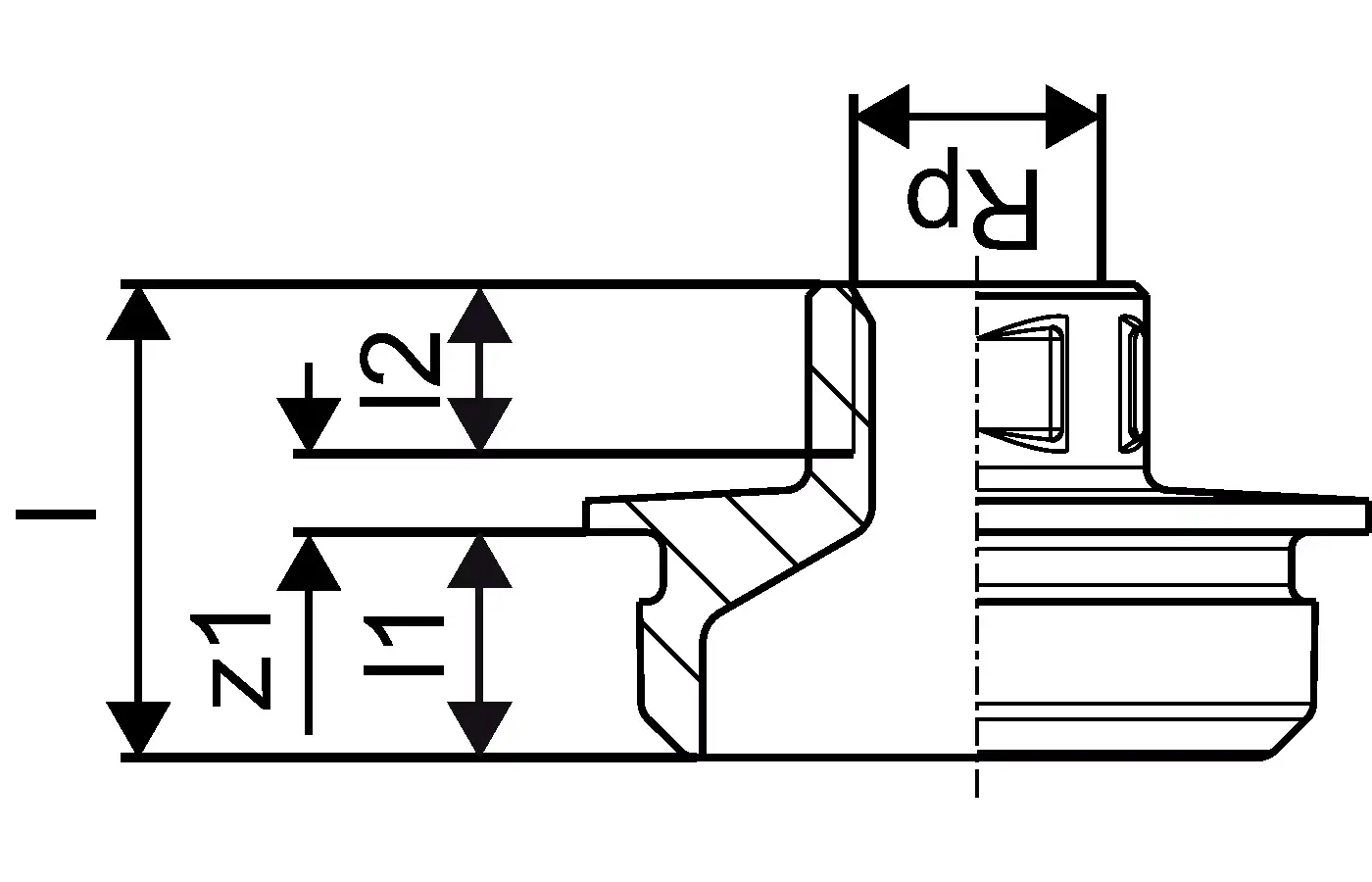Technisches Diagramm eines Gewindeadapters mit verschiedenen Maßen, dargestellt in einer schematischen Ansicht. Produkt von Uponor.