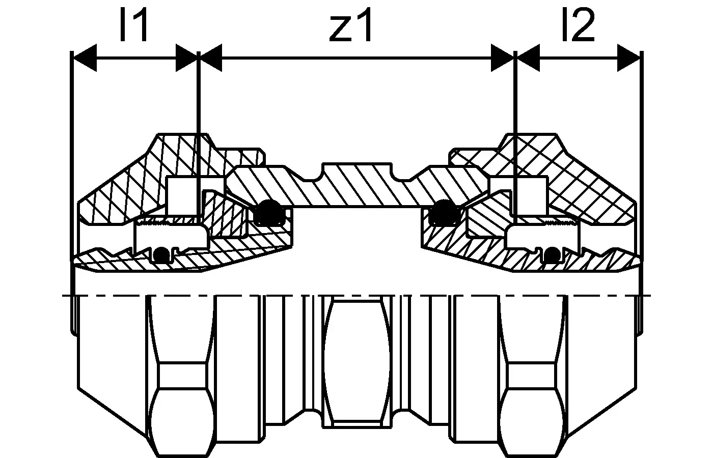 Schraubkupplung mit zwei Anschlussstellen, dargestellt in einem Schnittbild. Produkt von Uponor, zeigt innere Struktur und Verbindungselemente.