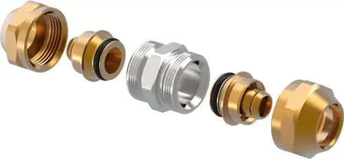 Schraubkupplung zur Verbindung von Rohren, bestehend aus mehreren Komponenten, einschließlich Dichtungen. Produkt von Uponor, geeignet für verschiedene Installationen.