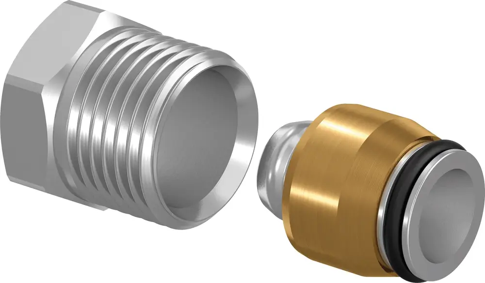 Zwei Metallanschlüsse, einer mit Außengewinde und einer mit Innengewinde, beide in silber und gold, typisches Zubehör für Heizsysteme von Uponor.