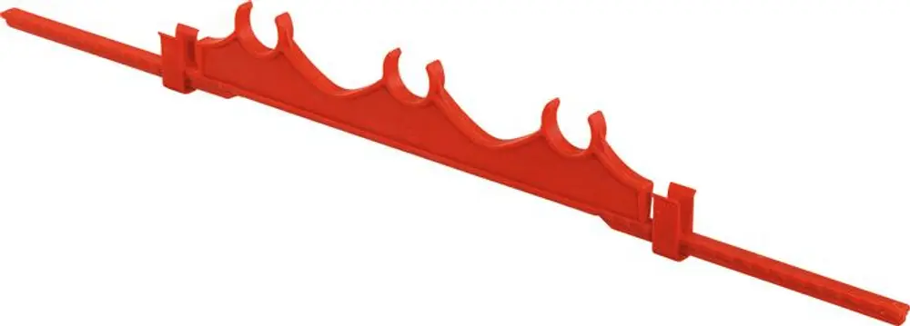 Rohrhalter in Rot mit geschwungenen Elementen, verwendet für Sportböden. Hergestellt von Uponor, um Rohre sicher zu fixieren.