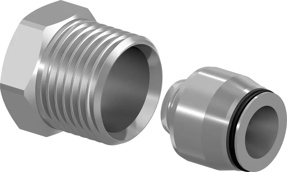 Zwei metallene Verbindungselemente von Uponor. Ein Teil mit Gewinde und ein Teil mit einer Dichtungsrinne, geeignet für Rohrverbindungen.