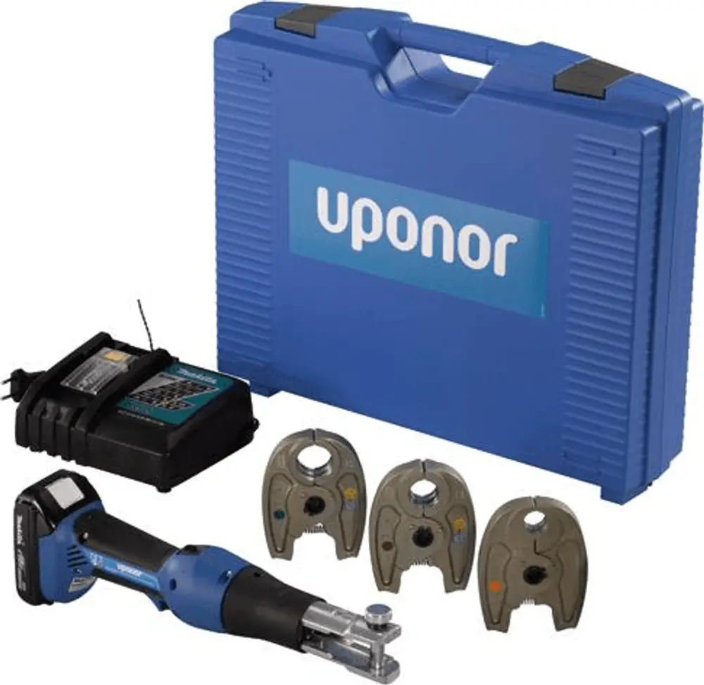 Akkumaschine von Uponor mit Ladegerät und drei Backen, verpackt in einem blauen Koffer. Verwendung in der Heizungs- und Sanitärinstallation.