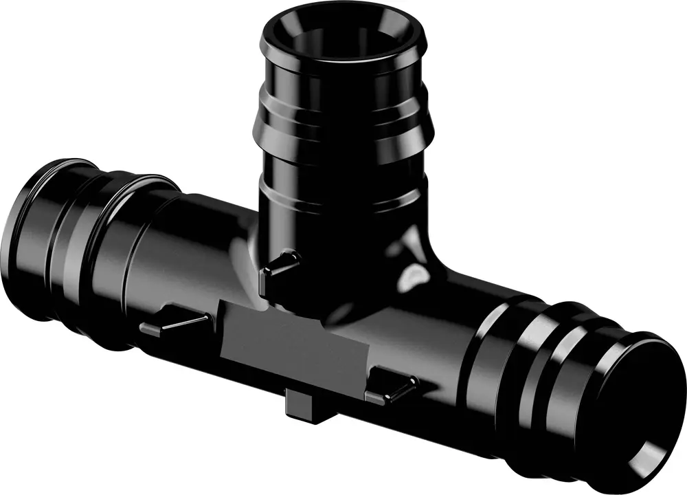 T-Stück aus schwarzem PPSU mit zwei Anschlüssen, kompatibel mit Uponor Rohrsystemen. Verbindungselement zur Durchleitung von Flüssigkeiten in Rohrleitungen.