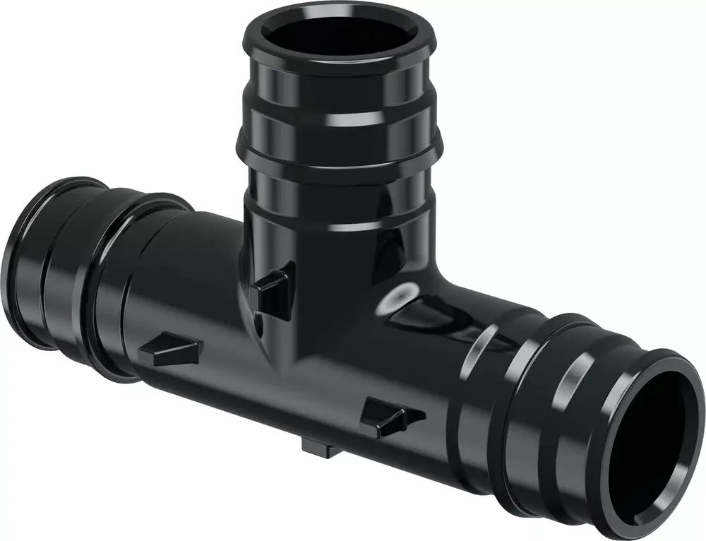 Schwarzes T-Stück aus PPSU mit drei Anschlüssen, montierbar für Rohrverbindungen. Produkt von Uponor, geeignet für Sanitär- oder Heizungsinstallationen.