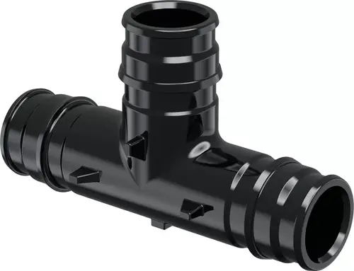 Schwarzes T-Stück aus PPSU mit drei Anschlüssen, montierbar für Rohrverbindungen. Produkt von Uponor, geeignet für Sanitär- oder Heizungsinstallationen.