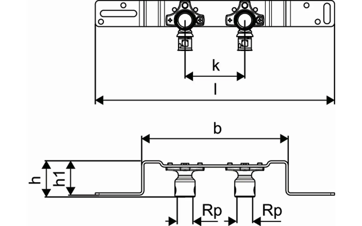 Montageeinheit von Uponor mit zwei Anschlüssen. Technische Darstellung mit Maßen und Details für die Installation.