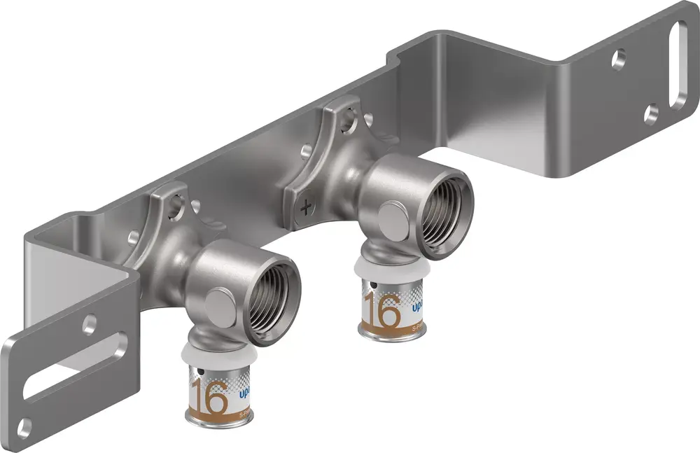 Montageeinheit aus Metall mit zwei Anschlüssen, die für die Installation von Uponor Rohrsystemen geeignet ist. Die Einheit ist mit einer Halterung versehen.
