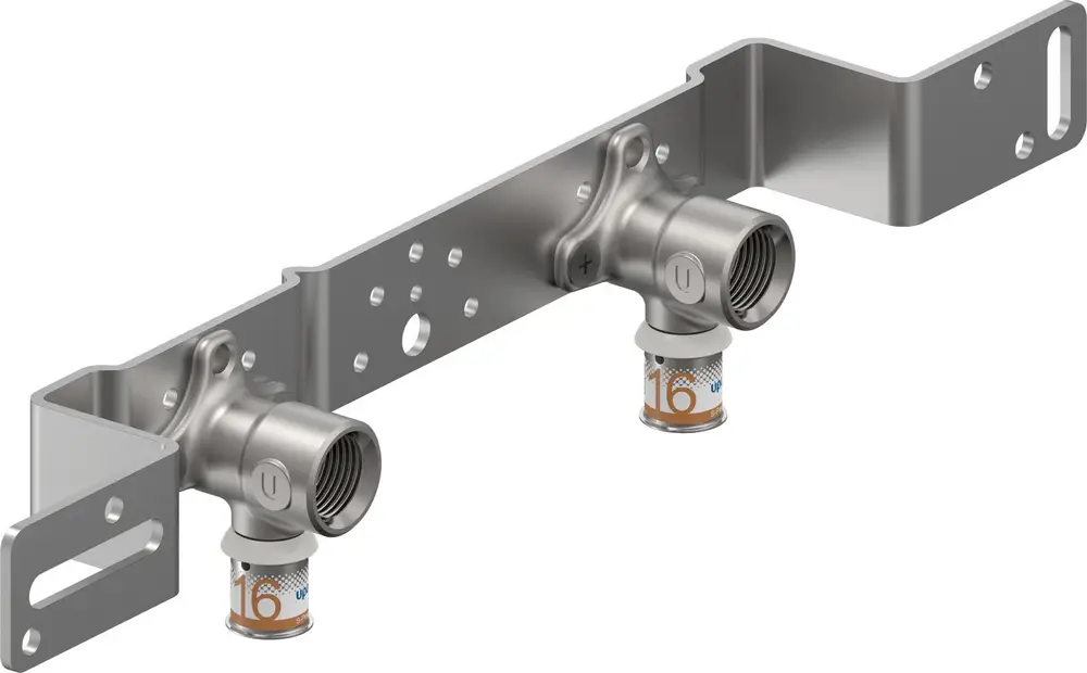 Montageeinheit von Uponor mit zwei Anschlüssen, gefertigt aus Metall, montiert auf einer flachen Trägerschiene mit mehreren Bohrungen zur Befestigung.