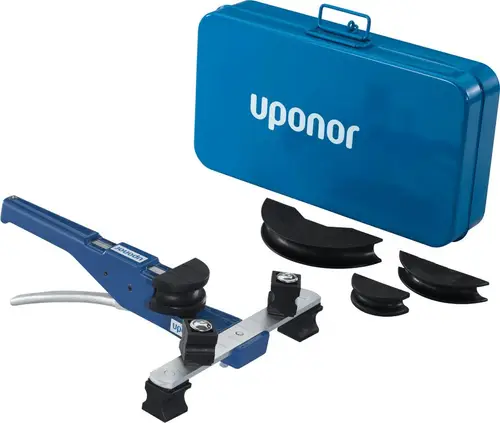 Biegewerkzeug mit blauer Aufbewahrungsbox von Uponor, bestehend aus einer Zange und mehreren Biegeeinsätzen für verschiedene Rohrgrößen.