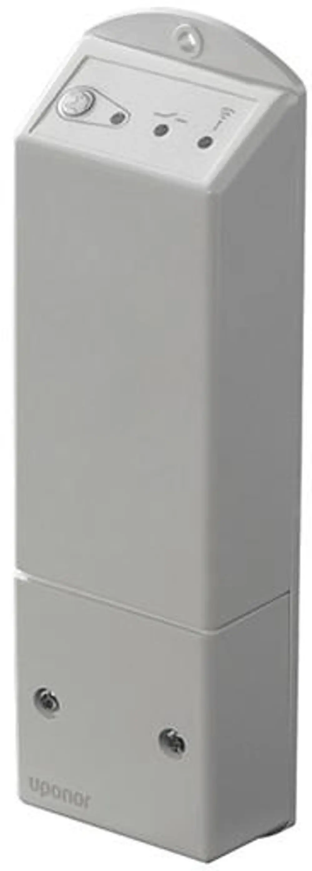 Funkmodul von Uponor mit Tasten und Anzeigeleuchten, in rechteckiger, stabiler Bauform, montierbar an der Wand.