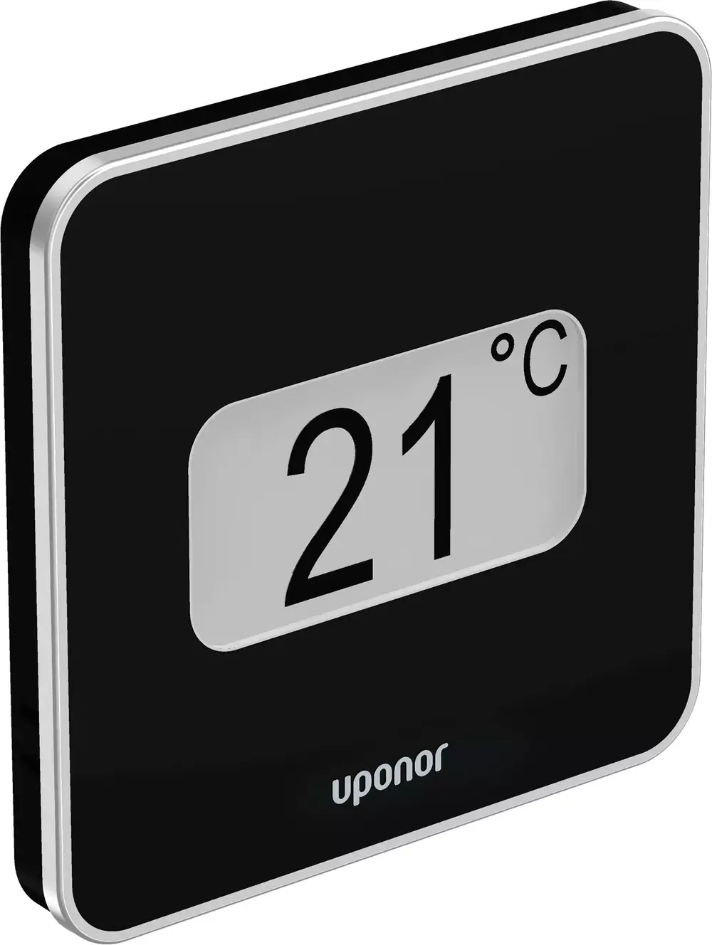 Temperatur- und Feuchtesensor von Uponor, in schwarzem Gehäuse mit digitaler Anzeige der Temperatur in Grad Celsius.