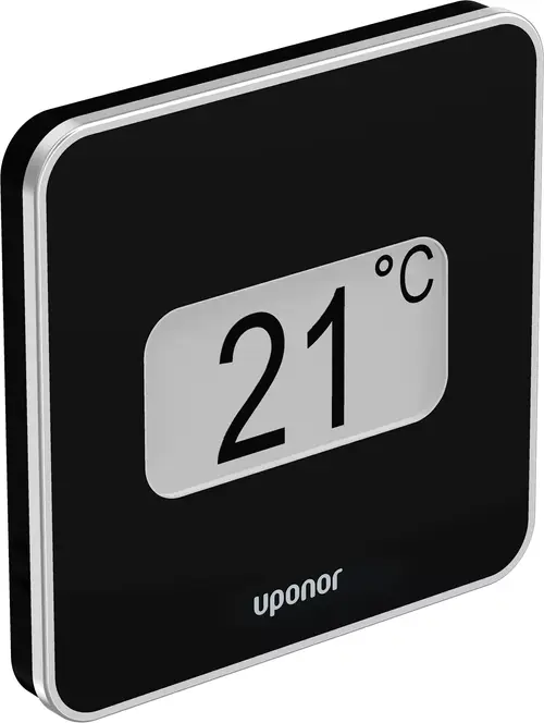Temperatur- und Feuchtesensor von Uponor, in schwarzem Gehäuse mit digitaler Anzeige der Temperatur in Grad Celsius.