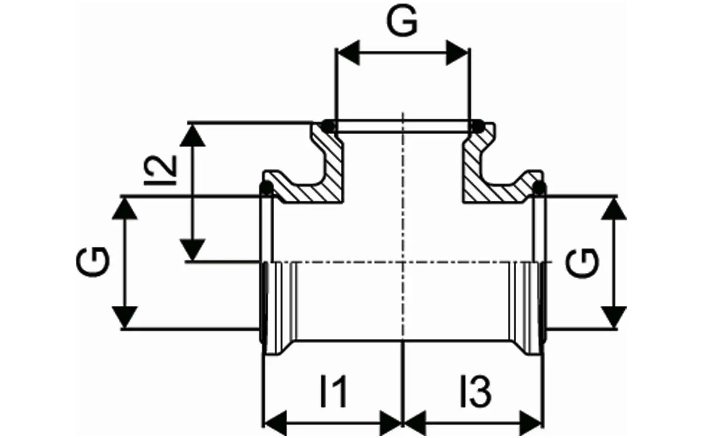 T-Stück aus Kunststoff mit drei gleichartigen Anschlüssen, Darstellung der Maße und Schnittansichten. Produkt von Uponor.