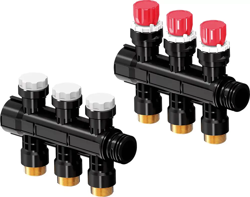 Verteilerblock mit mehreren Ventilen in Schwarz und Rot, angeschlossen an Metallgewinde. Produkt von Uponor, geeignet für Sanitärinstallationen.